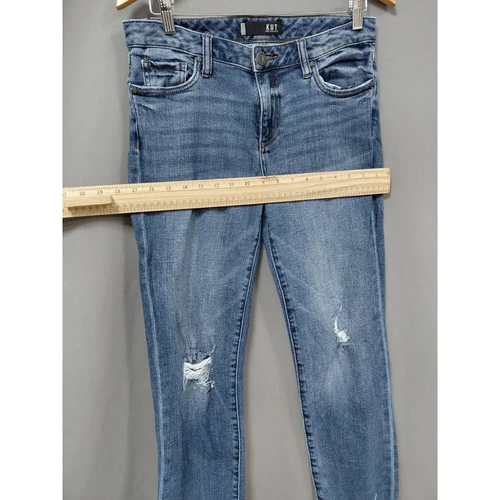 KUT from the Kloth Blue Distressed Raw Hem Straight Leg Jeans Women Size 4